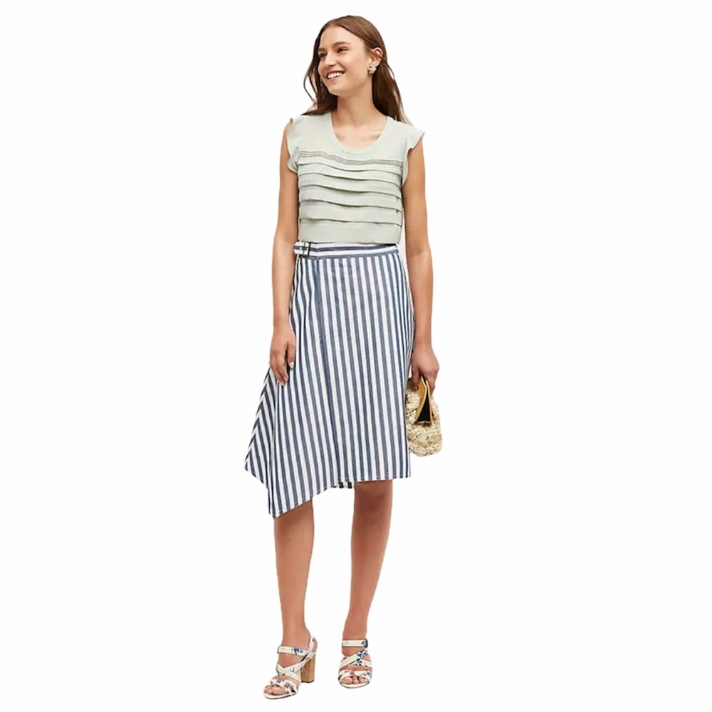 Anthropologie Blue and White Striped Asymmetric A-Line Skirt